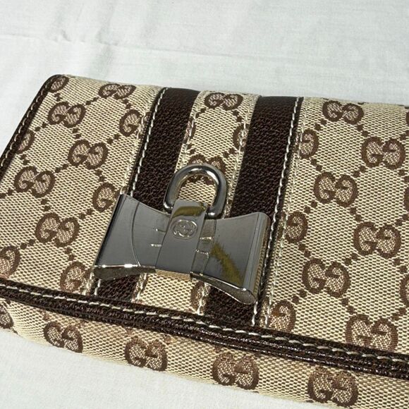 Vintage Gucci GG Monogram Canvas Bow Clutch Bag Brown Tan Y2K 90s Logo Designer - Picture 13 of 15
